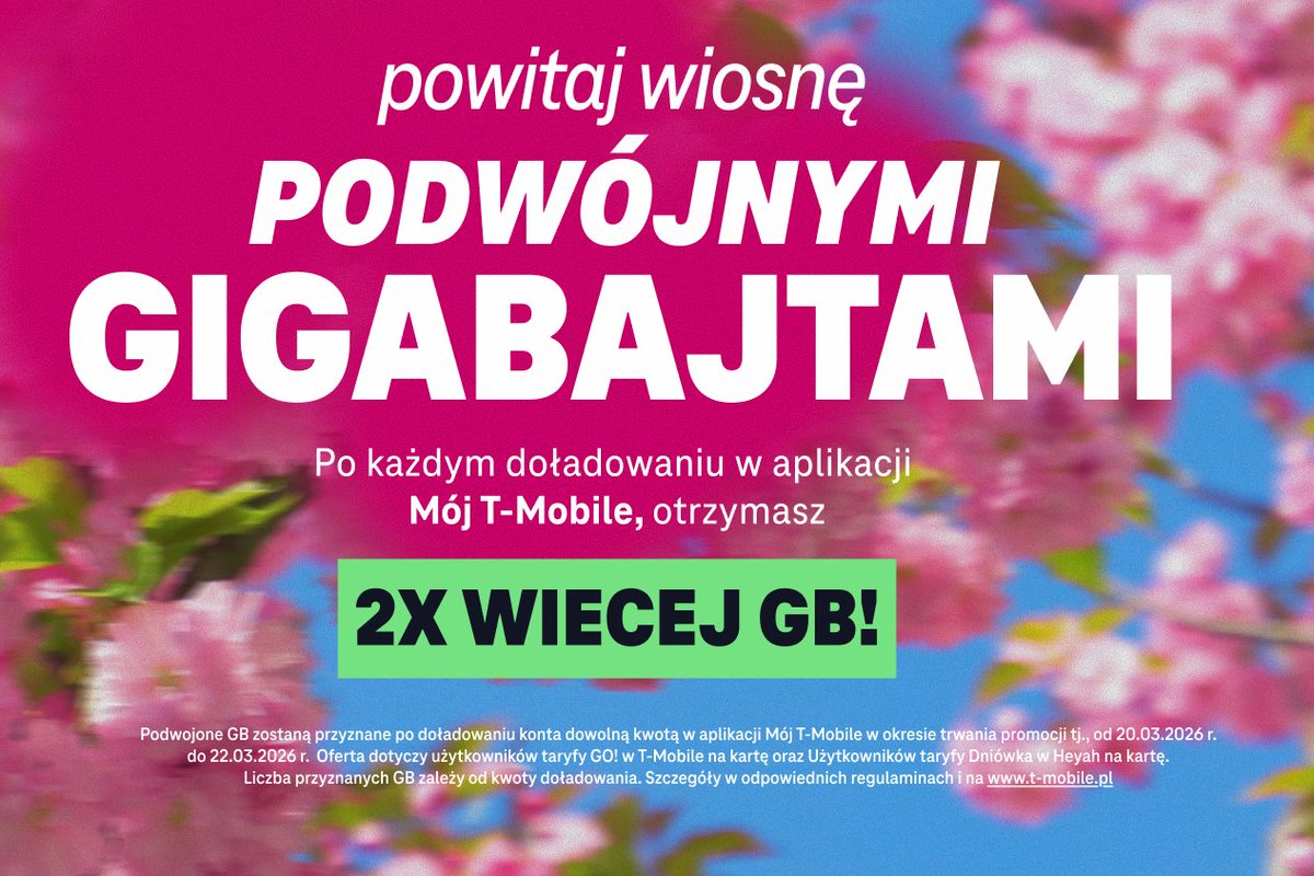 TMobilePolska's tweet image. Wiosna w pełni, a my podwajamy radość! 🌸  Tylko w ten weekend (20-22.03) każde doładowanie w aplikacji Mój T-Mobile to 2x więcej GB dla Ciebie w T-Mobile i Heyah na kartę.

Złap dodatkowe gigabajty już od 5 zł i ciesz się wiosną bez limitów! 📶☀️

#TMobile #Heyah #NaKartę
