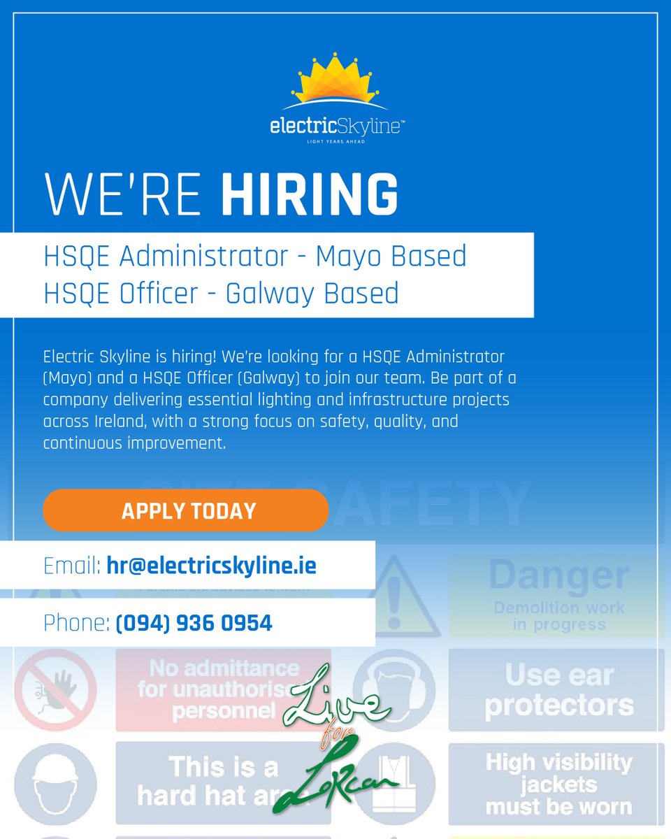 electricskyline's tweet photo. We’re growing our HSQE team at Electric Skyline and are currently hiring for two exciting roles: a HSQE Administrator based in Mayo and a HSQE Officer based in Galway. These roles are key to supporting and driving our safety, quality, environmental and compliance standards across major infrastructure projects nationwide.

If you’re passionate about making a real impact and want to be part of a team committed to excellence and continuous improvement, we’d love to hear from you.

Apply now via the link below.
https://t.co/TjUgR7zCuV