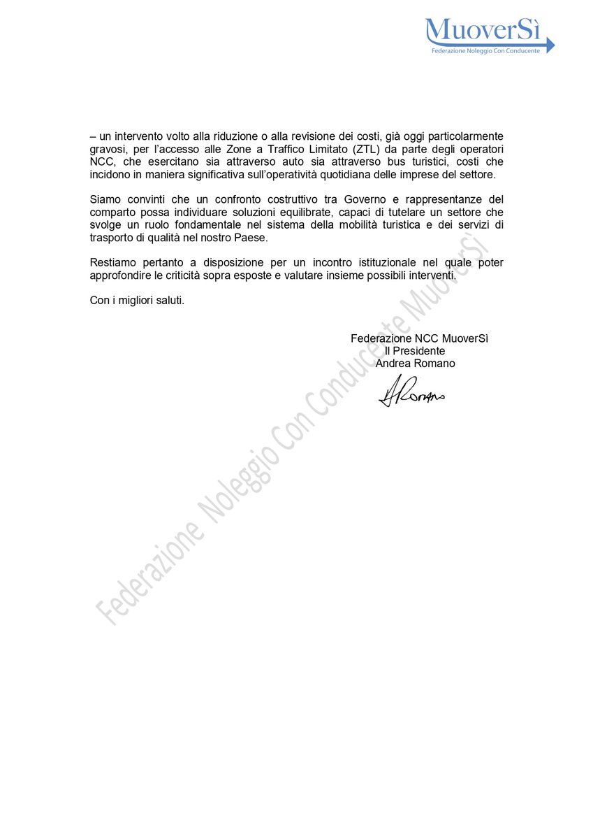 FMuoverSi's tweet photo. Dal presidente di Federazione MuoverSì Andrea Romano al presidente del Consiglio Giorgia Meloni - La Lettera per la richiesta di misure urgenti a sostegno delle Imprese NCC a seguito delle tensioni geopolitiche in Medio Oriente https://t.co/HZLhFLxZ2G