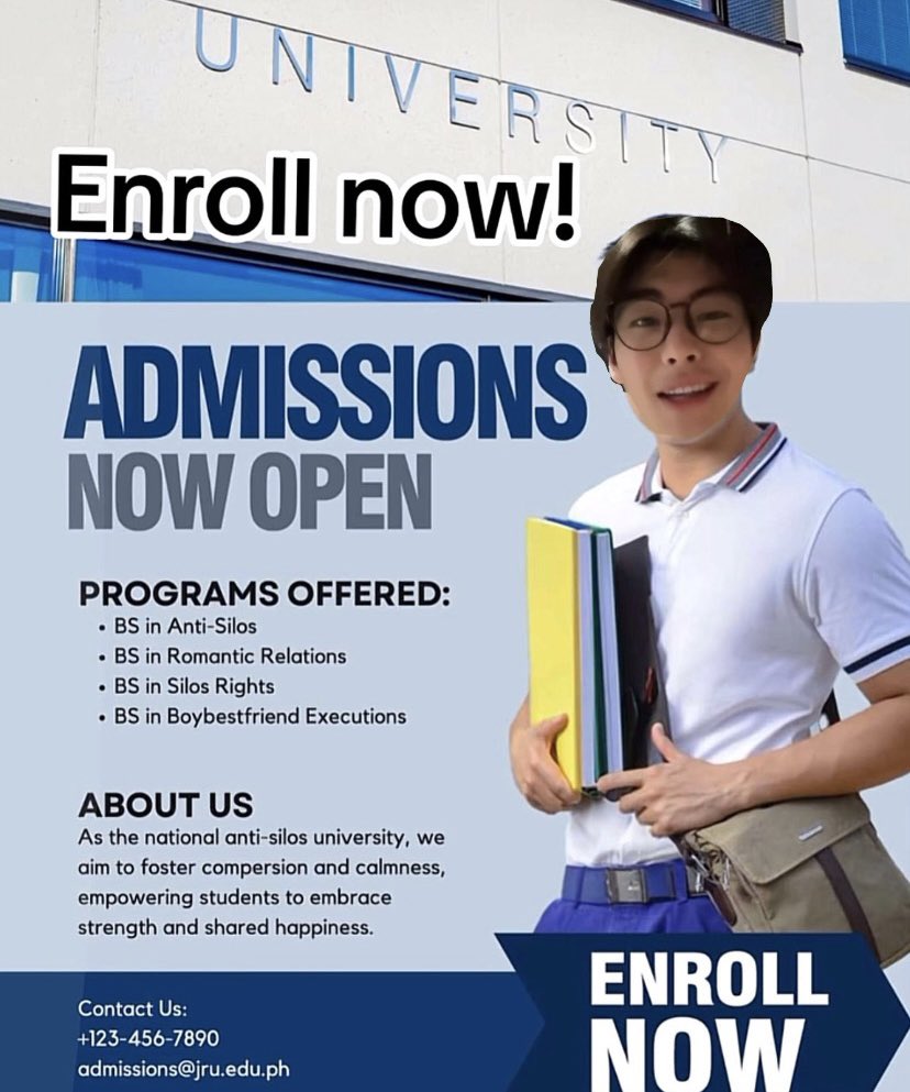 kaeyajii's tweet photo. ADMISSIONS ARE NOW OPEN📣
FOR @tthi_eks ANTI-SILOS UNIVERSITY

PROGRAMS offered for
𝓣𝓗𝓔𝓔 𝓐𝓝𝓣𝓘 𝓢𝓘𝓛𝓞𝓢 𝓤𝓝𝓘𝓥𝓔𝓡𝓢𝓘𝓣𝓨:

BS IN ANTI-SILOS
BS IN ROMANTIC RELATIONS
BS IN SILOS RIGHTS
BS IN BOYBESTFRIEND (BRO) 
EXECUTIONS 
#tthi_eks https://t.co/8424X8e14S