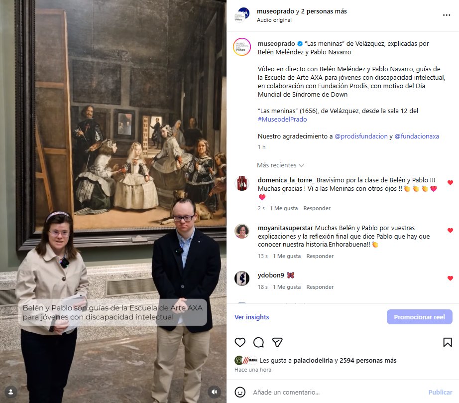 Con motivo del Día Mundial del Síndrome de Down, que se conmemora el 21 de marzo, Belén Meléndez y Pablo Navarro, guías de la Escuela de Arte AXA para jóvenes con discapacidad intelectual, explican "Las meninas" en este vídeo en directo en Instagram: instagram.com/p/DWGbO5wlJHj/