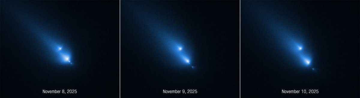 layrelin91's tweet photo. The comet broke apart!

Astronomers pointed the Hubble telescope at the comet C/2025 K1 (ATLAS) and saw that its nucleus had split into at least four parts. Comet nuclei can break down under the influence of thermal, gravitational, and dynamic loads as they approach the Sun.

Hubble observed the comet after its closest approach to the Sun, about a month later.

For the first time, Hubble captured a comet breaking apart so soon after it began to disintegrate into pieces. The noticeable split did not occur immediately during the closest flyby. It likely happened just a few days before the observations.