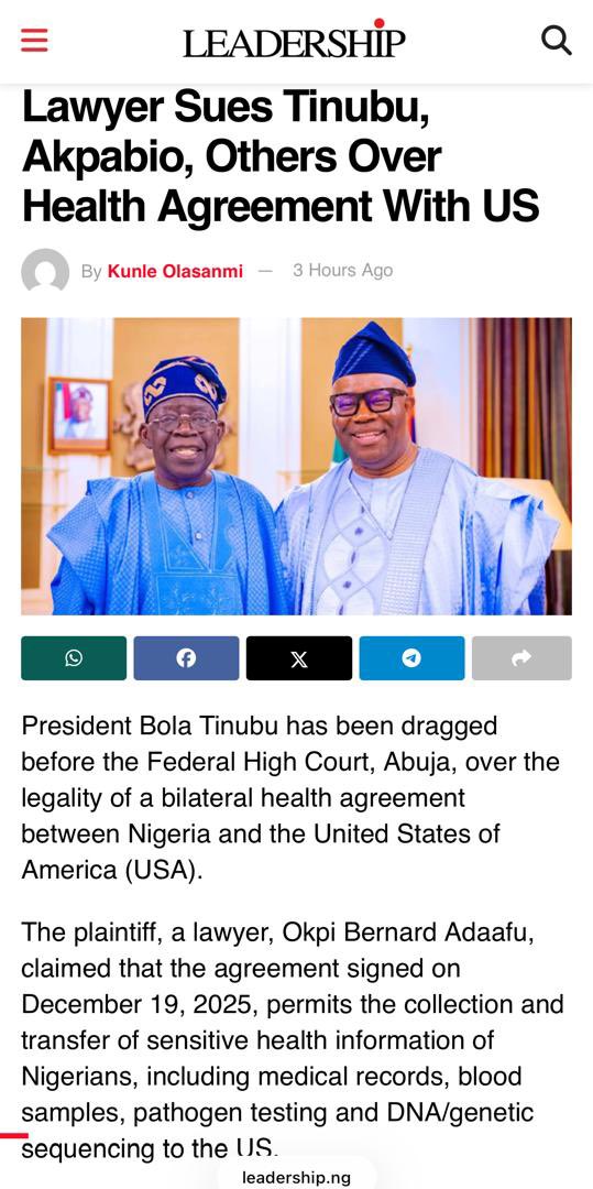 OkpiBernard's tweet photo. I filed a suit at the Federal High Court, Abuja against the Federal Government, challenging the agreement signed on December 19, 2025 between United States and Nigeria. 

The MOU mandates Nigeria to share personal health records of Nigerians ( including, Genetic sequencing/DNA, pathogen, blood samples, etc) with United States for the period of 25 years.

There is no reciprocal arrangement for the United States to share its citizens health records with Nigeria. The Nigerian Government refused to release the full agreement for public scrutiny. 

The Federal government is bound by our laws to protect our personal data including medical records. The 1999 Constitution of Nigeria, Nigeria Data Protection Act, 2023 and the National Health Act, 2014 protects our personal data and prohibits illegal cross-border transfers of our personal data and medical records. 

Our politicians patronize foreign hospitals and I believe their health records are not available in Nigeria for sharing. The MOU is targeting you and me. 

This case is for your personal good. Support this case by sharing the story to protect you and your generation. 

#SuspendtheMOU
#ReleasetheMOU

Signed: 
Barr. Okpi Bernard Adaafu
OBA ATTORNEYS