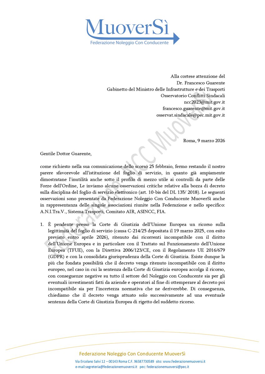 FMuoverSi's tweet photo. Da Federazione MuoverSì al MIT - La Lettera di commento alla bozza di decreto sul Foglio elettronico https://t.co/Vm5Y1kJlrQ