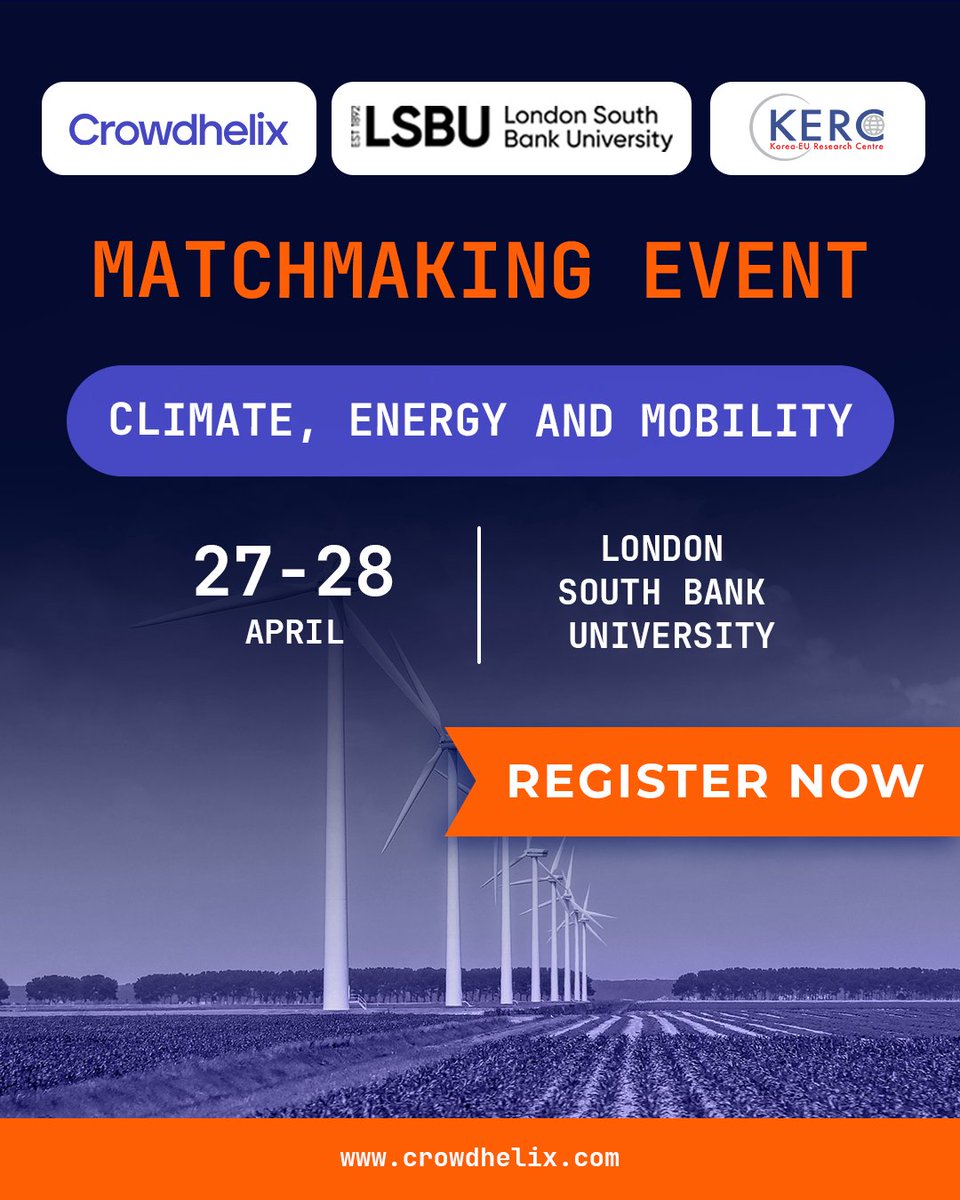 Crowdhelix's tweet image. 🌍 Build your Cluster 5 consortium at our Climate, Energy &amp;amp; Mobility event in London, Apr 27-28! 

Connect with researchers &amp;amp; SMEs, pitch ideas &amp;amp; strengthen proposals. 

Register here: events.crowdhelix.com/en/Crowdhelix-…

#ClimateAction #SustainableEnergy