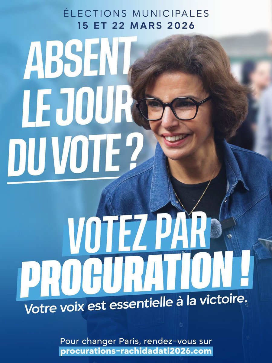 Parisiennes, Parisiens, 

L’alternance à #Paris est possible ! Désormais, avec la loi #PLM, chaque voix compte.

Votre vote est essentiel.

Vous pouvez encore contribuer à #ChangerParis en votant par procuration via : maprocuration.gouv.fr

Votez et faites voter dimanche ! 🗳️🔥