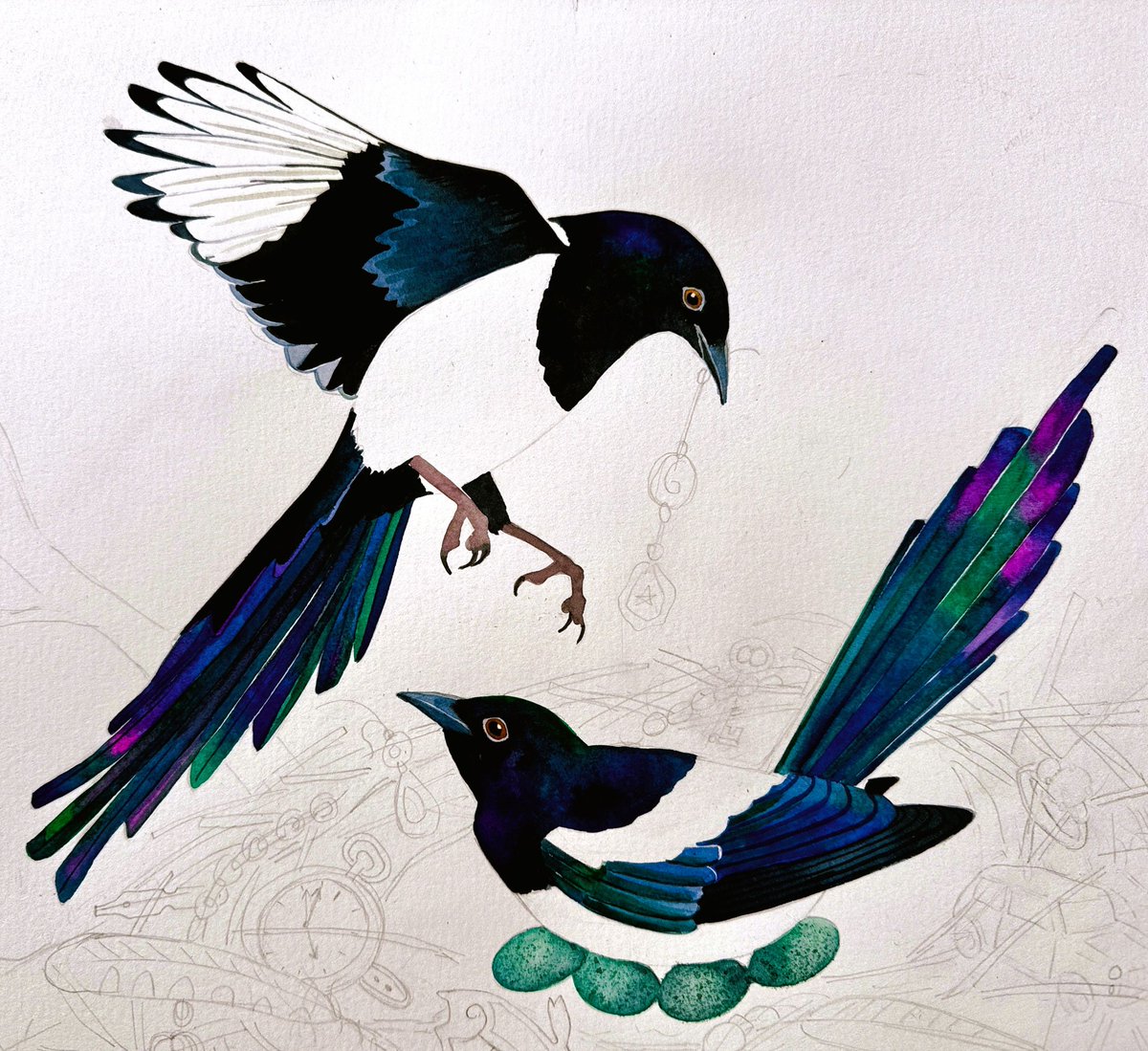 JaneSunflower's tweet photo. 📷
My #painting of two #magpies & their treasure is progressing, though rather slowly. Check out those awesome colours in the plumage. Gosh, that was fun to paint. My next task is to start on their treasure, all tangled up in the nest.
#WorkInProgress #picapica #detectorists https://t.co/TzaTjC8m8e