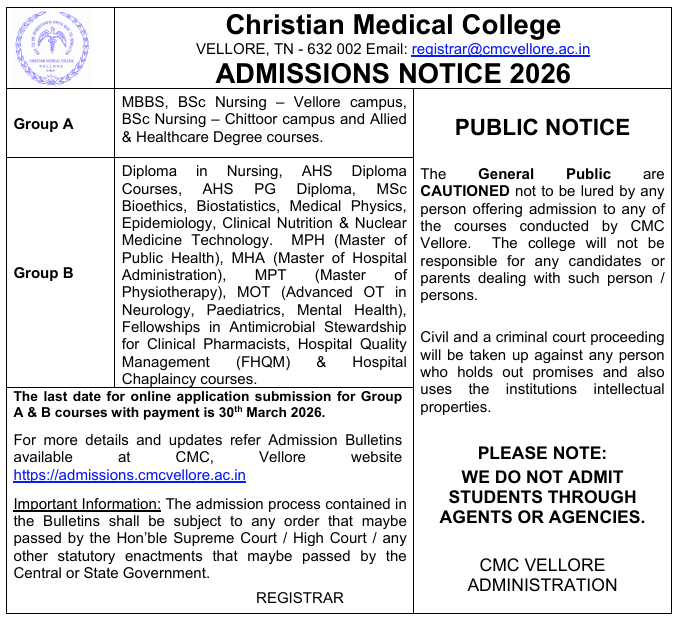 OffCMCVellore's tweet photo. Admissions 2026 open for MBBS, Nursing and Allied Health Courses at CMC Vellore! https://t.co/h91Ta6PURg
Last date to apply: 30th March 2026 
Read the prospectus for more details: 
https://t.co/b1beE1x0SN 
#admissions #medicalstudents #nursing #alliedhealth #MBBSadmissions https://t.co/ynhdoRSRvN