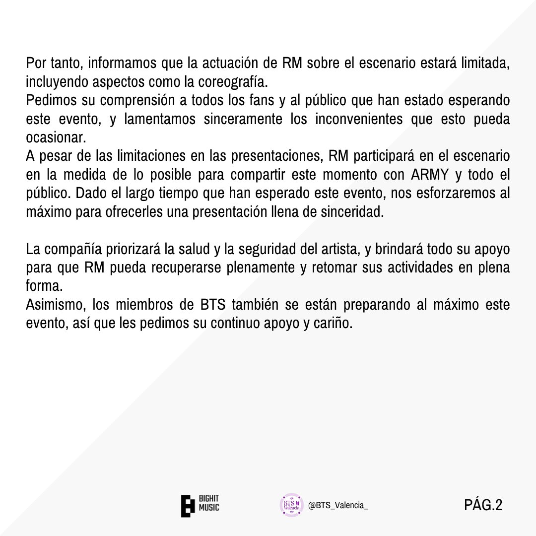 BTS_Valencia_'s tweet photo. [ COMUNICADO DE BIGHIT MUSIC ]

🇪🇦 Información sobre la participación de RM en el show de Gwanghwamun. 

💜😢 Esperamos que se mejore pronto.

@BTS_twt #GetWellSoonRM https://t.co/5GSyVxjUze