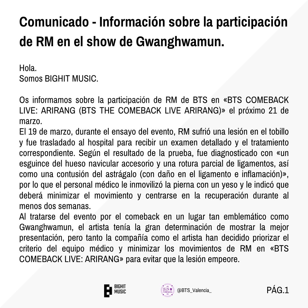 BTS_Valencia_'s tweet photo. [ COMUNICADO DE BIGHIT MUSIC ]

🇪🇦 Información sobre la participación de RM en el show de Gwanghwamun. 

💜😢 Esperamos que se mejore pronto.

@BTS_twt #GetWellSoonRM https://t.co/5GSyVxjUze