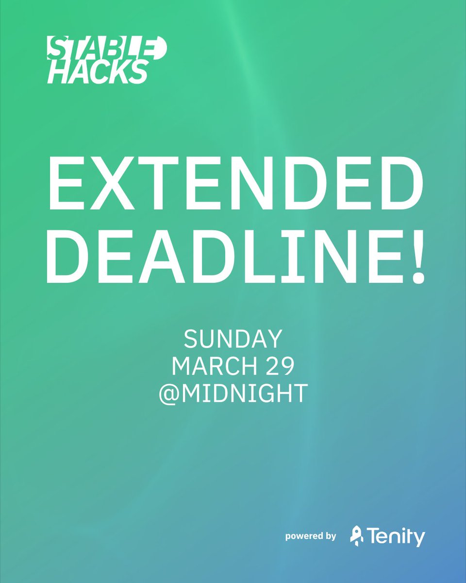 tenity_global's tweet photo. 📢 Great news for hackers - #StableHacks has extended the submission deadline to Sunday, March 29th at midnight.
A little extra time to polish your project 🛠️ Make it count!
▷ https://t.co/fsLwJ7OYyi
#Hackathon #Solana #DeFi https://t.co/nGvleyxTEP