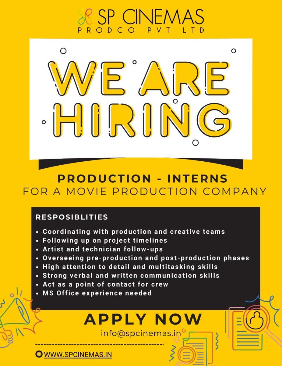KollywoodScope's tweet image. We’re hiring! 🚨
Production Interns wanted for an exciting film journey at SP Cinemas 🎬
Apply now &amp;amp; step into the industry!

@SureshChandraa
@AbdulNassarOffl
@DoneChannel1
#thespcinema #production #interns #coordinating #cinema