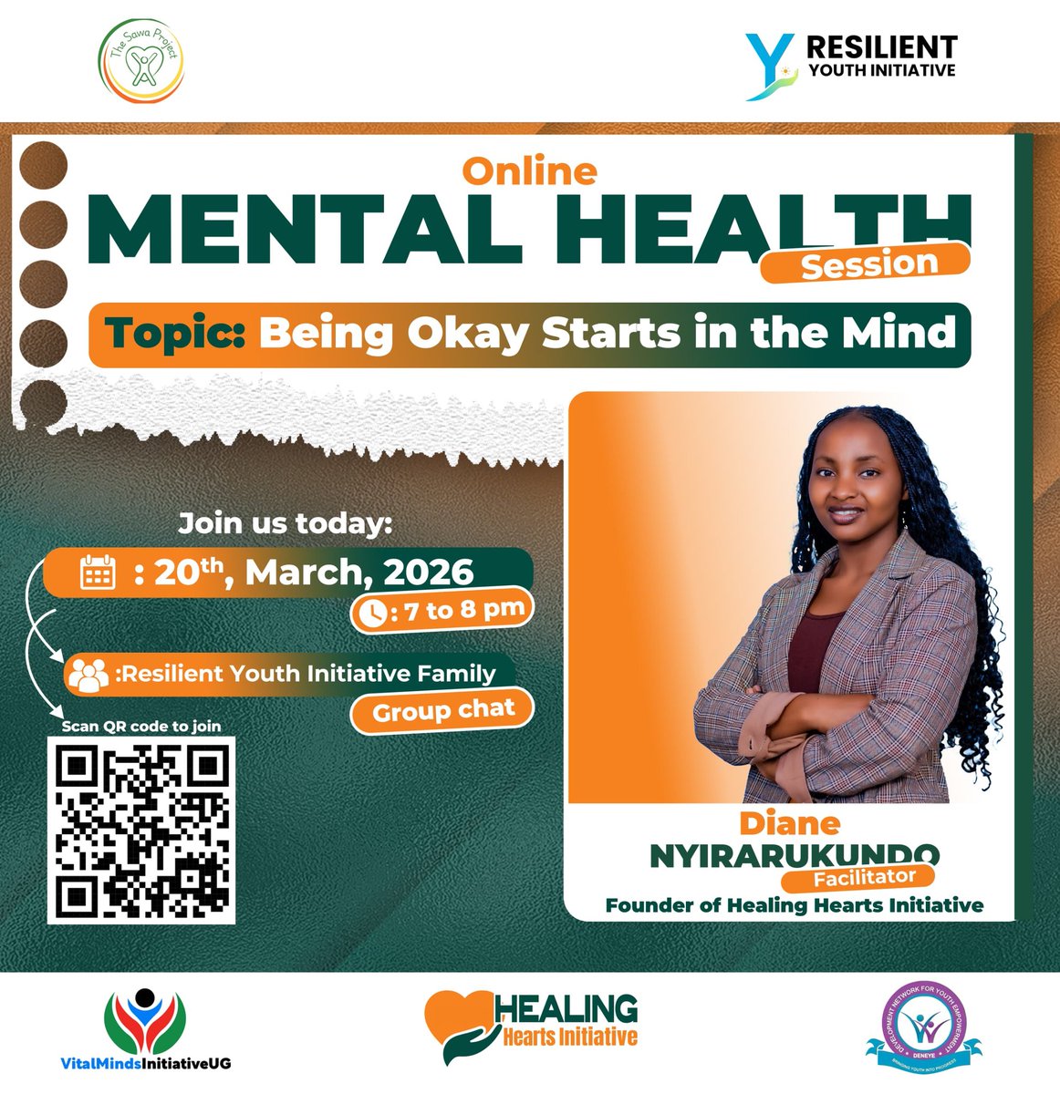 Join us for an insightful Online Mental Health Session 🧠
📌 Topic: Being Okay Starts in the Mind
📅 20 March 2026
⏰ 7–8PM  CAT
Facilitated by <a href="/dianenyira51341/">Diane NYIRARUKUNDO</a>
Scan QR code to join!
<a href="/KofiAnnanFdn/">Kofi Annan Foundation</a>
#MentalHealth #YRI #HHI #Resilience