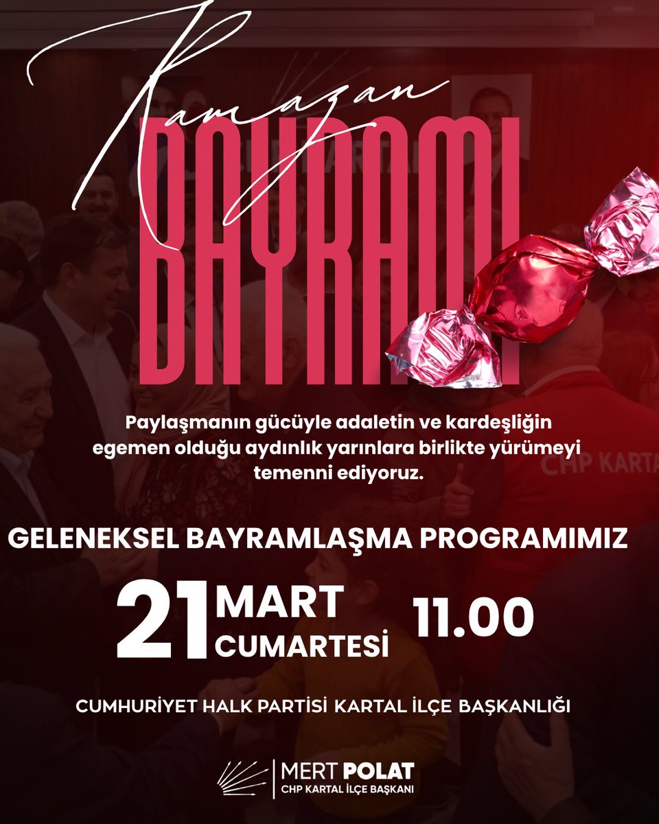 Geleneksel bayramlaşma programımıza davet; 

Ramazan Bayramı'nın; soframıza bereket, ülkemize adalet ve huzur getirmesini dileriz. Paylaşmanın gücüyle adaletin ve kardeşliğin egemen olduğu aydınlık yarınlara birlikte yürümeyi temenni ediyoruz.

Geleneksel bayramlaşma programımız,