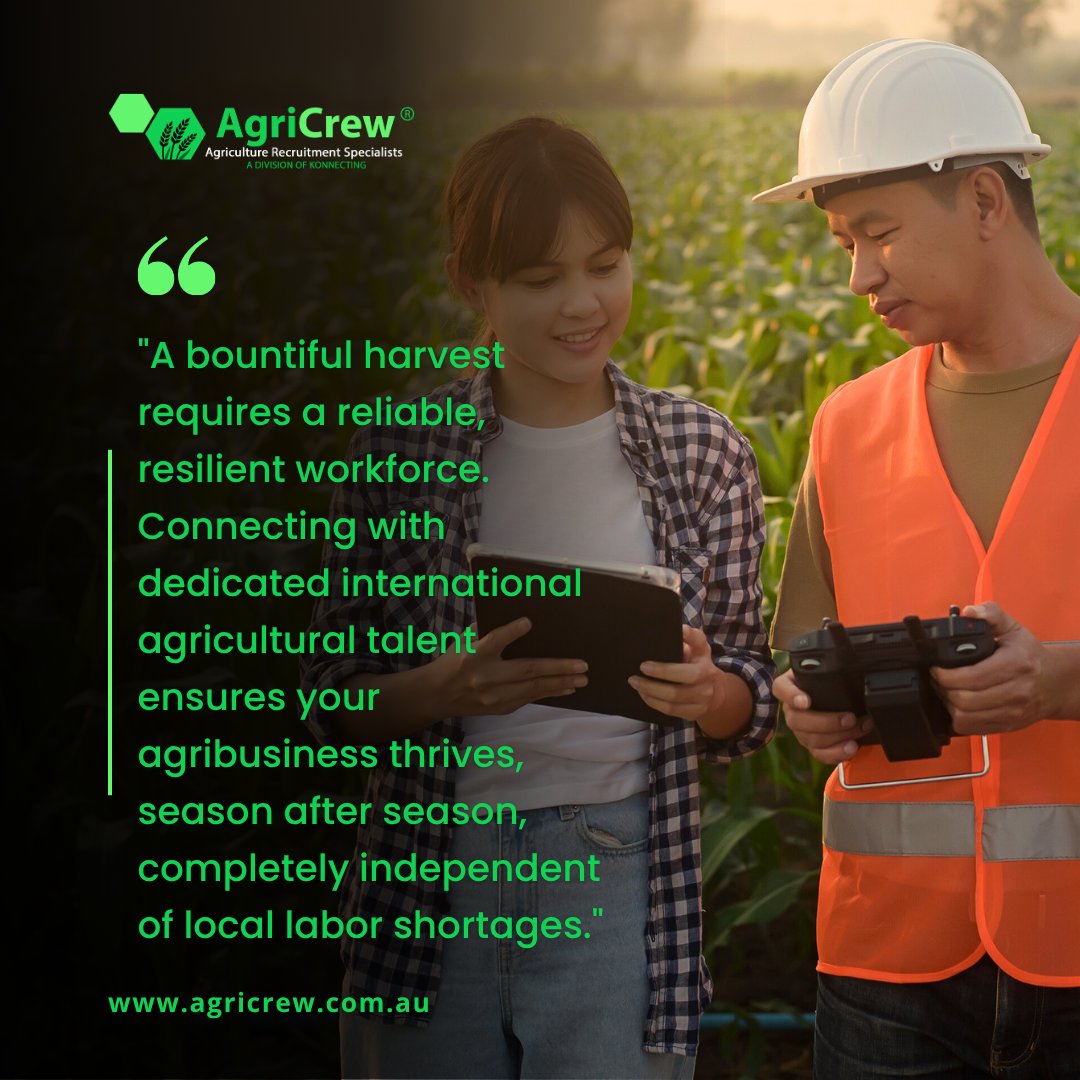 agricrew's tweet photo. A bountiful harvest requires a reliable, resilient workforce. Connecting with dedicated international agricultural talent ensures your agribusiness thrives, season after season, completely independent of local labour shortages.

#AgricultureAustralia #konnectingdivision https://t.co/pBosCtFQaf