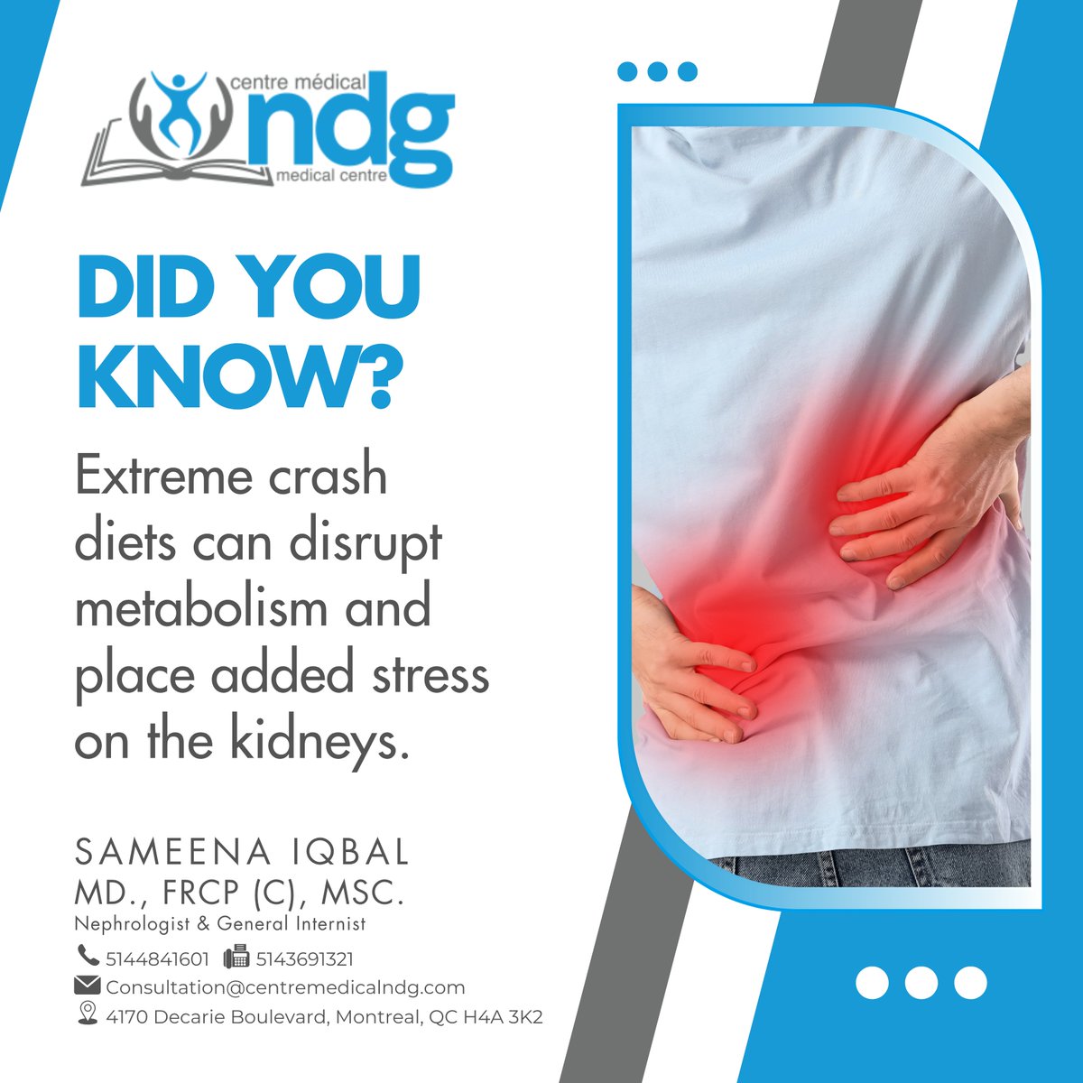 Iqbalsam2023's tweet image. Rapid weight loss plans can throw off metabolic balance and increase strain on the kidneys. Gradual, steady changes are safer for long term health.

Schedule a check-up. 
📞 514-484-1601 | 🌐 centremedicalndg.com

#KidneyHealth #HealthyWeight #NephrologyCare #CentreMedicalNDG