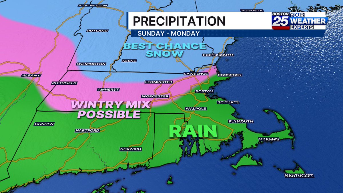 ShiriSpear's tweet image. 🌞Saturday looks good with partial sun.
☔️On/off showers Sunday, mainly rain during the day in southern #NewEngland with some snow ❄️possible overnight into Monday north &amp;amp; west of #boston. @boston25
