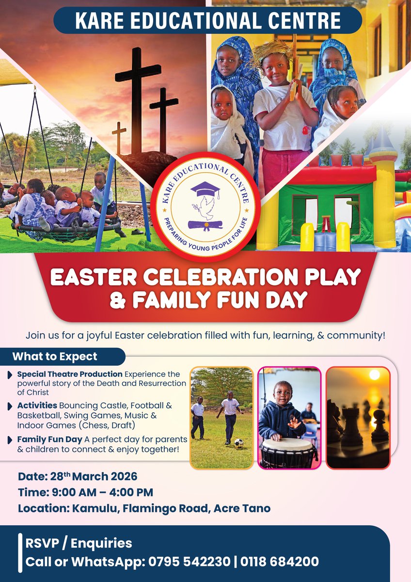 KareEducational's tweet photo. Celebrate Easter with joy, family, and community at Kare Educational Centre! 

📅 28th March 2026
⏰ 9:00 AM – 4:00 PM
📍 Kamulu, Flamingo Road, Acre Tano

Come for the celebration—stay for the experience! #MainaAndKingangi #EasterInKenya #FamilyFunDay #NairobiEvents https://t.co/nenEd01Jls