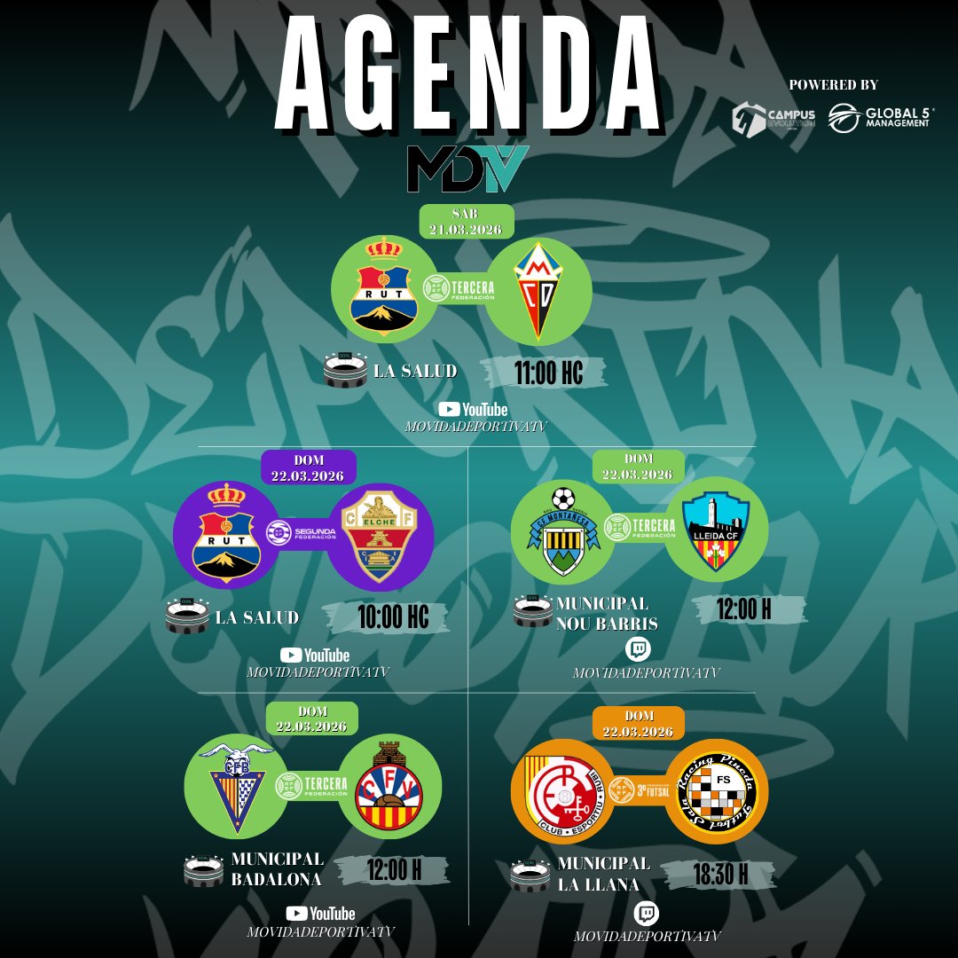 movidadeportiv's tweet photo. 📑AGENDA MDTV📑

💡Disfruta de un fin de semana con el mejor futbol y futbol sala nacional, completamente gratis, en nuestros canales de Twitch y de YouTube. https://t.co/3Ei9ecPCBP