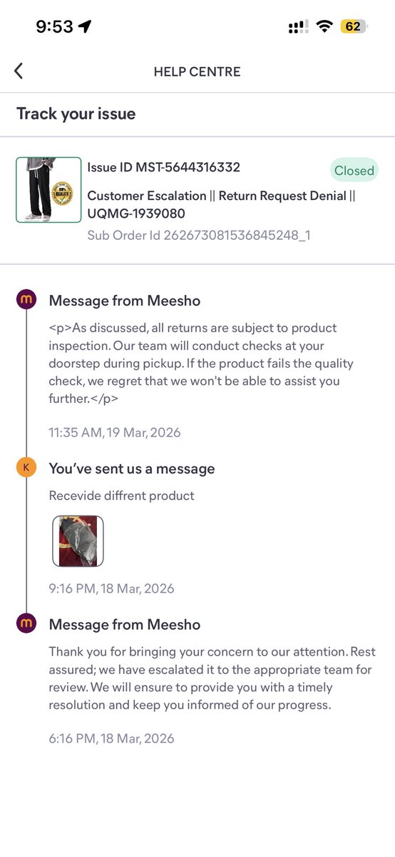 thewinglessb's tweet photo. @Meesho_Official @meesho_support  

I am repeatedly receiving the same automated responses without any actual resolution.  

This is a WRONG PRODUCT case and proof has already been provided. The pickup has failed multiple times, and no successful attempt has been made yet. https://t.co/GDRyr0IPtD
