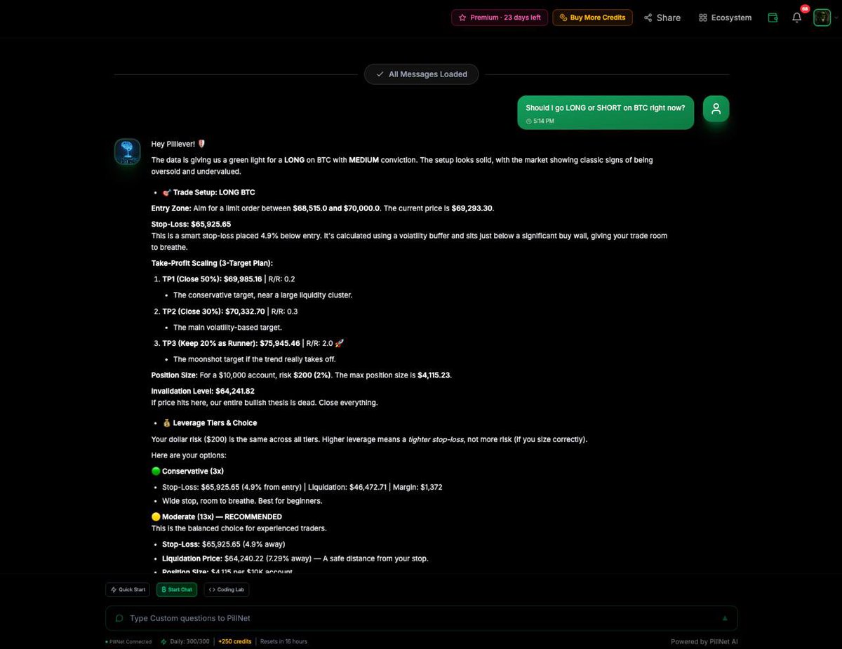 Pillievers's tweet photo. 📈 PillChat Leverage Trading Output Was Spot On, Check the photos attached!🔥

Yesterday (March 19, 2026 at 17:12), this LONG BTC signal from PillChat:

LONG BTC – Medium Conviction
Current price: $69,293.30
Entry zone: $68,515 – $70,000  
Stop-Loss: $65,925.65 
TP1 (50%): $69,985.16
TP2 (30%): $70,332.7
TP3 (20% runner): $75,945.46

Just 15 hours later, this morning (March 20, 2026 at 08:00) — BTC was already trading at $70,495.20✅

TP1 and TP2 both hit perfectly.  
The stop-loss stayed completely safe.  

Using the recommended 13x Moderate leverage tier, that ~1.5% spot move delivered roughly +19.5% on the position in under a day. If you leverage with $10,000 that means you would have made approximately $1,950 in less than 24 hours.

The accuracy was impressive. PillChat’s leverage trading output called the oversold setup with precise levels, and the market followed through exactly the next day.

Who else is testing PillChat? Drop your thoughts