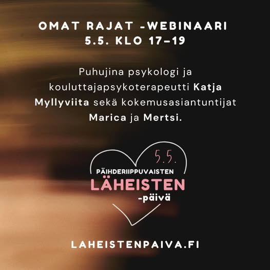 MIPAverkosto's tweet photo. Läheistenpäivän webinaari pureutuu omiin rajoihin, kun rakkaalla ihmisellä on päihderiippuvuus. Webinaarissa kuulemme puheenvuoroja psykologi Katja Myllyviidalta sekä kokemusasiantuntijoilta Maricalta ja Mertsiltä. Tervetuloa!
Lue lisää ja ilmoittaudu: https://t.co/WdalON4XUK https://t.co/h0eqa7tgJ1