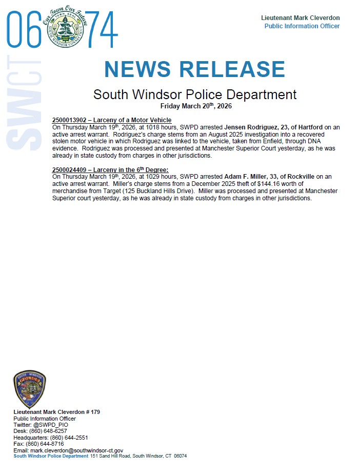 South Windsor Police Department PIO tweet media