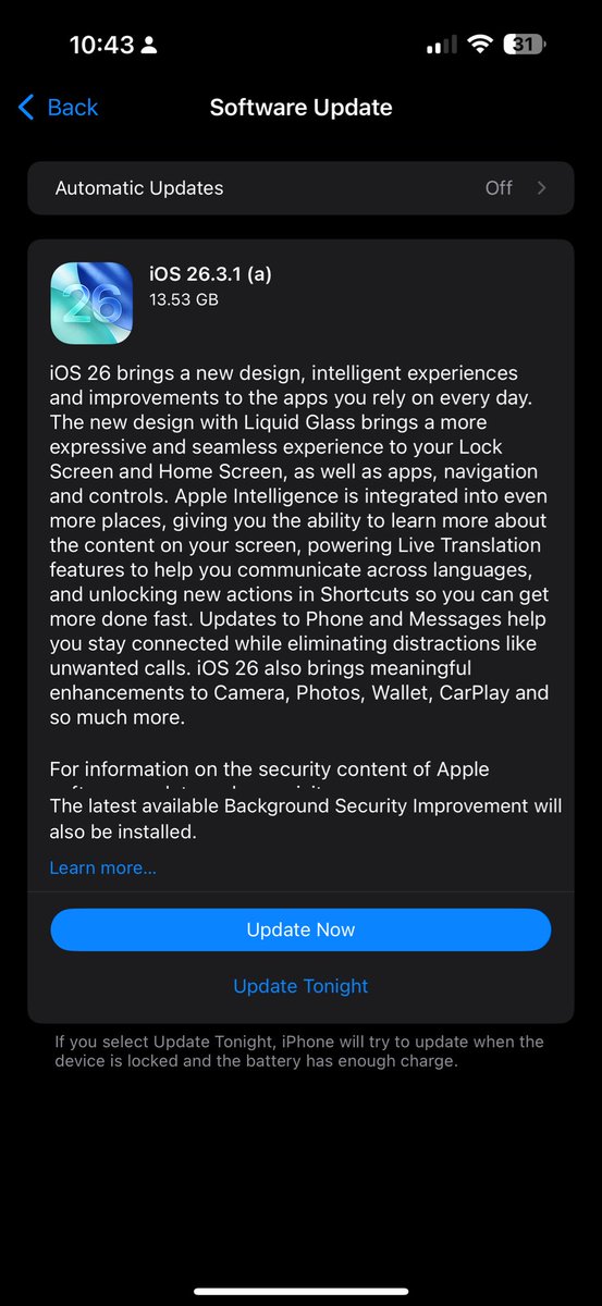 Nana_Calmboy's tweet photo. Still on IOS 18.7.2. Don’t know if it’s the right time to update. Lool #iosupdate #ios26 https://t.co/8F1TDitJqa