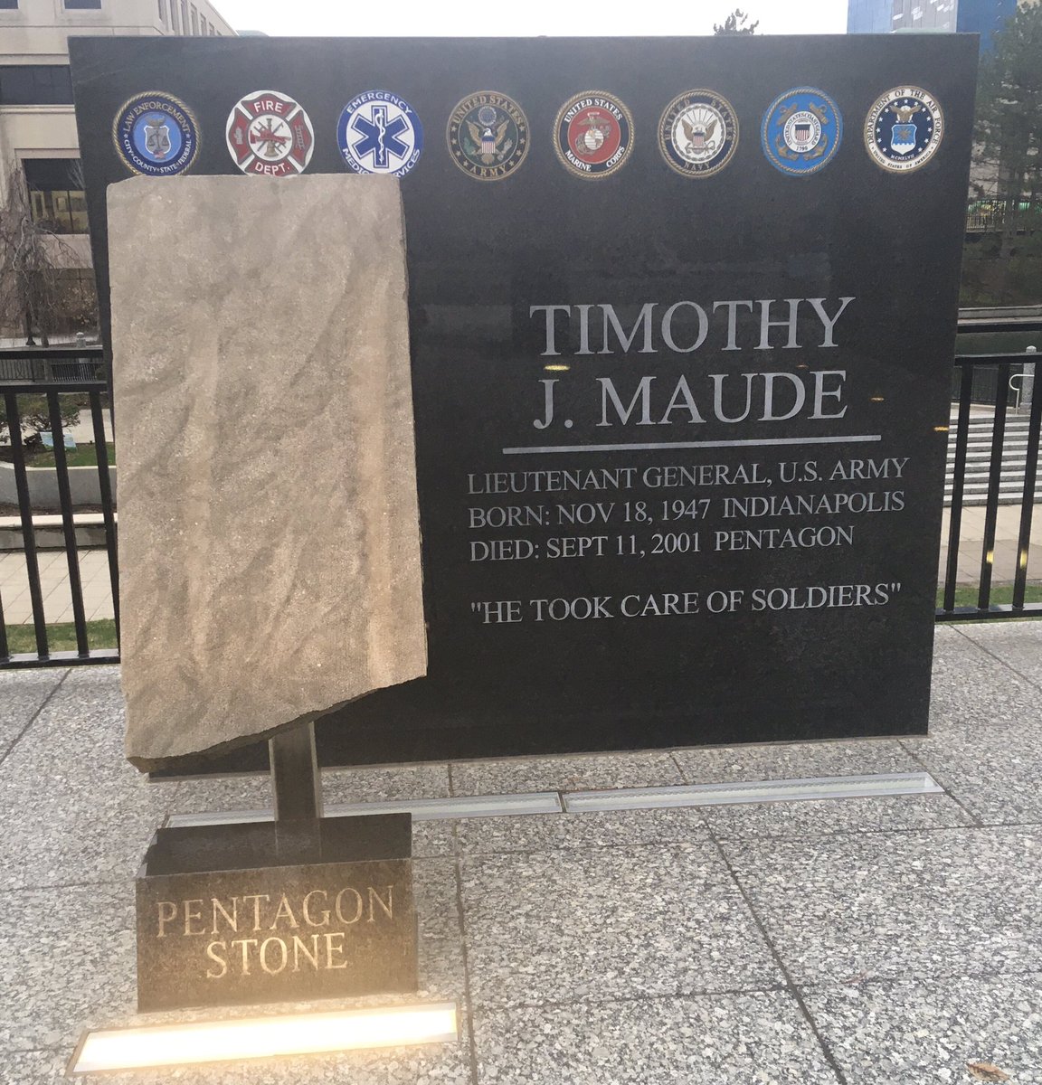 beckyyerak's tweet image. #FlashbackFriday — #Indianapolis, Ind., has a 9/11 memorial. It pays homage to #TimothyMaude, a local killed in the attack on the #Pentagon. Looming in the back is the @JWMarriott where #NICAR26 was held earlier this month