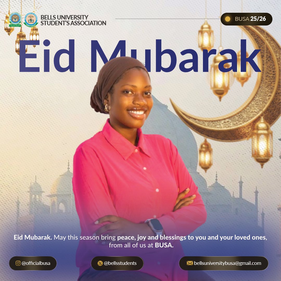 BellsStudents's tweet image. Eid Mubarak 🌙
May this season bring peace, joy, and blessings to you and your loved ones.

— From all of us at BUSA 
#EidMubarak #BUSA #BellsUniversity