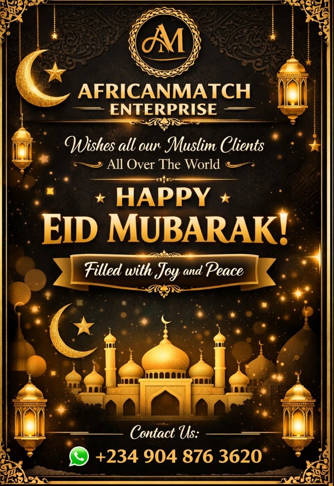 Africanmatch14's tweet photo. 🌙✨ AFRICANMATCH ENTERPRISE ✨🌙

🎉 Warm Greetings to Our Esteemed Muslim Clients Worldwide 🎉

On this beautiful and blessed occasion of Eid Mubarak, we celebrate with you and your loved ones.

May this Eid bring you:

💫 Peace in your heart
💫 Joy in your home https://t.co/AOz4xAf57O