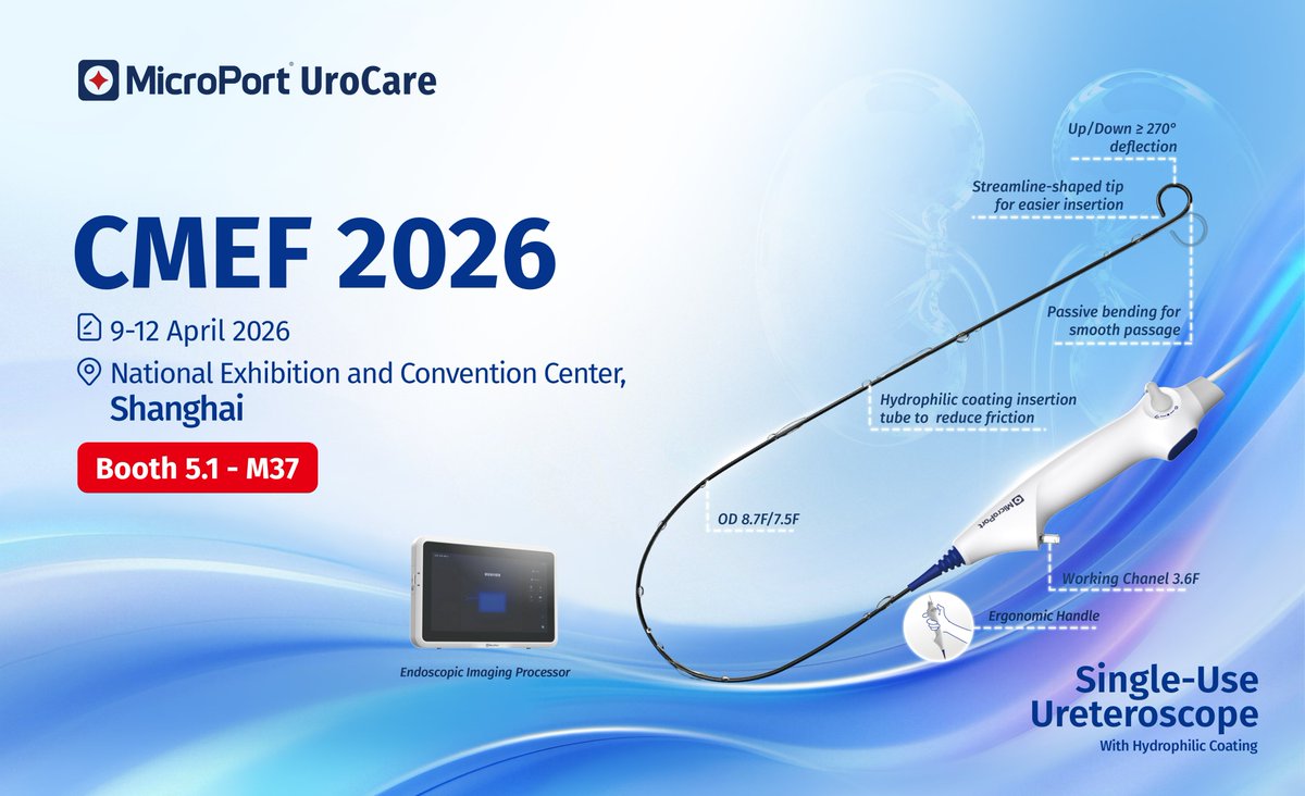 MP_Urocare's tweet photo. 🎉MicroPort® Urocare is heading to CMEF 2026! 

Visit us to discover the smarter solution - Single-Use Ureteroscope.
✅ Passive bending for smooth passage
✅ Up/Down ≥270°deflection
✅ Ergonomic Handle

📅 Date: 9-12 April 2026
📍 Location: Shanghai
📍 Booth: 5.1-M37 https://t.co/qmPUq9Mh9a