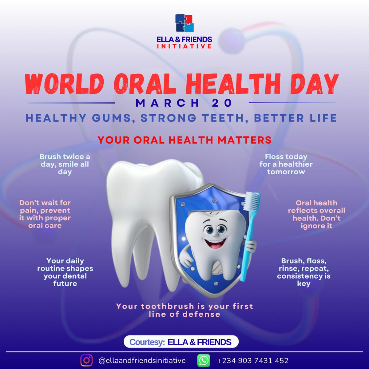ef_initiative's tweet photo. Happy World Oral Health Day 🦷✨!

Protect your smile. Cut down sugar. Maintain good oral hygiene (yes, we see you 👀).

We’re here for you 💙.
@ef_initiative 

#worldoralhealthday #oralhealth #dentalcare https://t.co/TmUG2Vq1A1