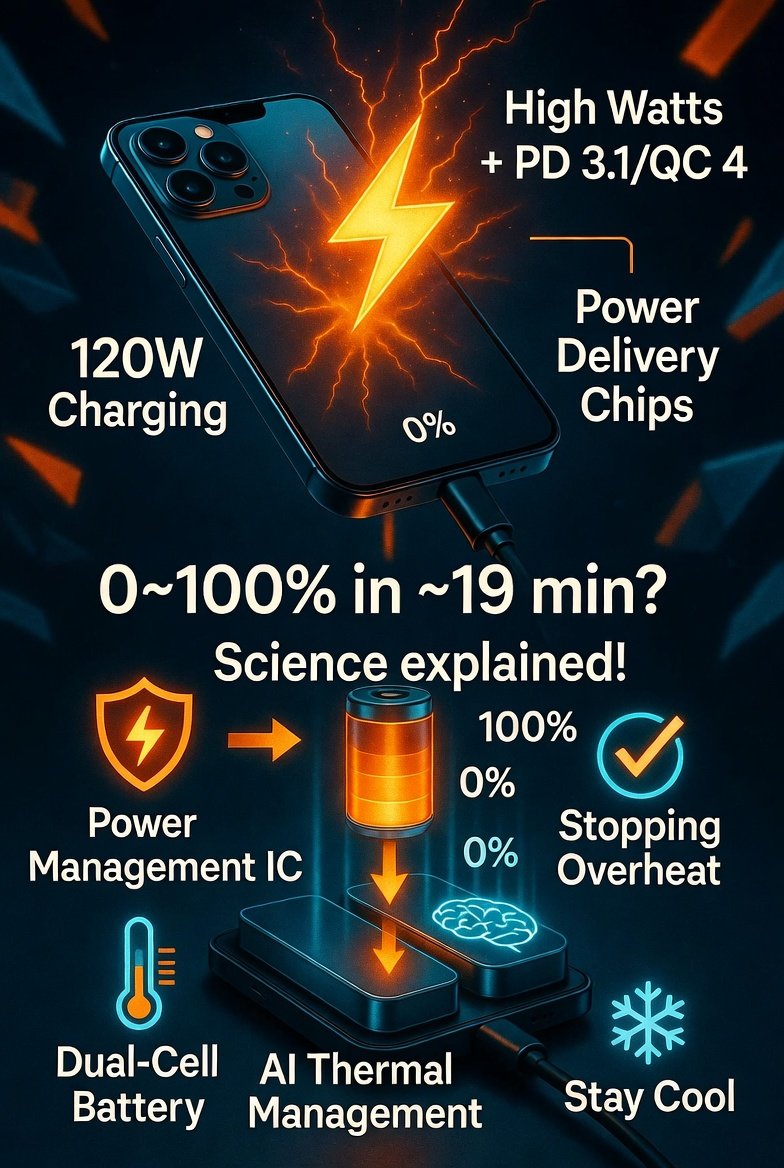PromptlyHit's tweet image. 🔋 0–100% in ~19 min? Here's how:  
High watts + smart chips (PD 3.1/QC 4) push power fast while watching temp.  
Dual-cell battery splits load. AI prevents overheating 🔥  
Phone stays cool &amp;amp; safe!  
Your charger?  
#TheSimplifier #FastCharging