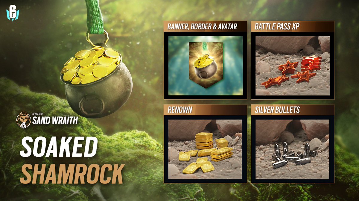 🍀「祝杯のシャムロック」イベントの報酬をアンロックしよう！

✔ シルバーブレット
✔ 名声
✔ バトルパスXP
✔ 限定オペレーターコスメ

イベントチャレンジを達成してテーマ報酬を集め、この祝祭を楽しみ尽くそう！

🍀 今すぐ参戦し、報酬をアンロックしよう。

#レインボーシックスモバイル