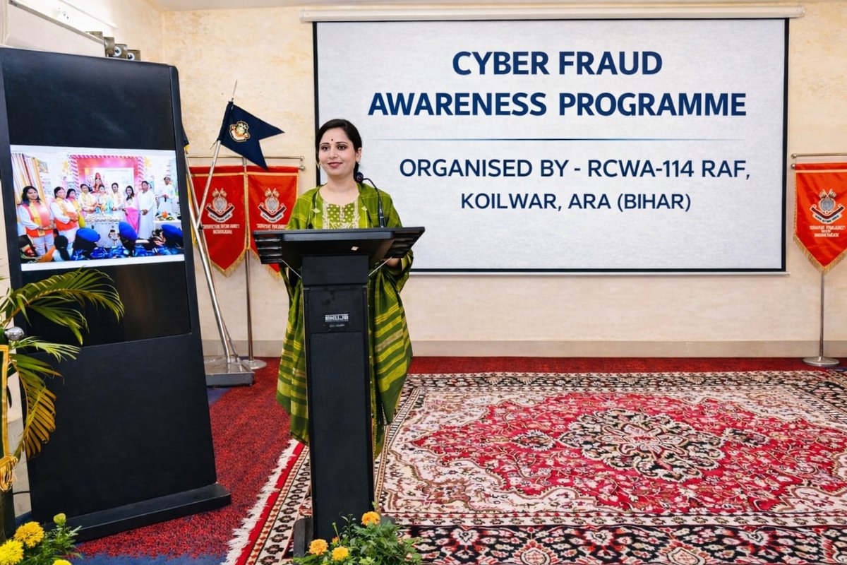 R114raf's tweet photo. Under the aegis of Smt. Ritu Jha, Head RCWA-114 RAF, a Cyber Fraud Awareness Programme was organised at @114Raf campus for Mahila Jawans &amp; their families. The initiative aimed to promote safe digital practices &amp; enhance awareness among persl. about growing threat of cyber fraud. https://t.co/bxRWQjvv7X