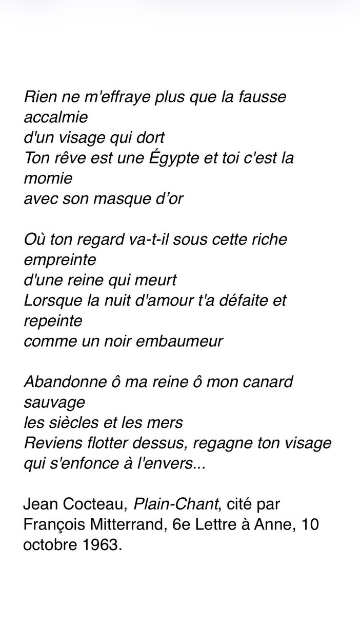 amis_mitterrand's tweet photo. #MitterrandLecture
#MitterrandPoésie
Ce poème de Jean Cocteau (Plain Chant), François Mitterrand le cite plusieurs fois dans les Lettres à Anne.
Il ne pouvait qu’être séduit par l’évocation de l’amour, de la mort et d’une reine de l’Égypte ancienne. https://t.co/hjm5f81ZXk