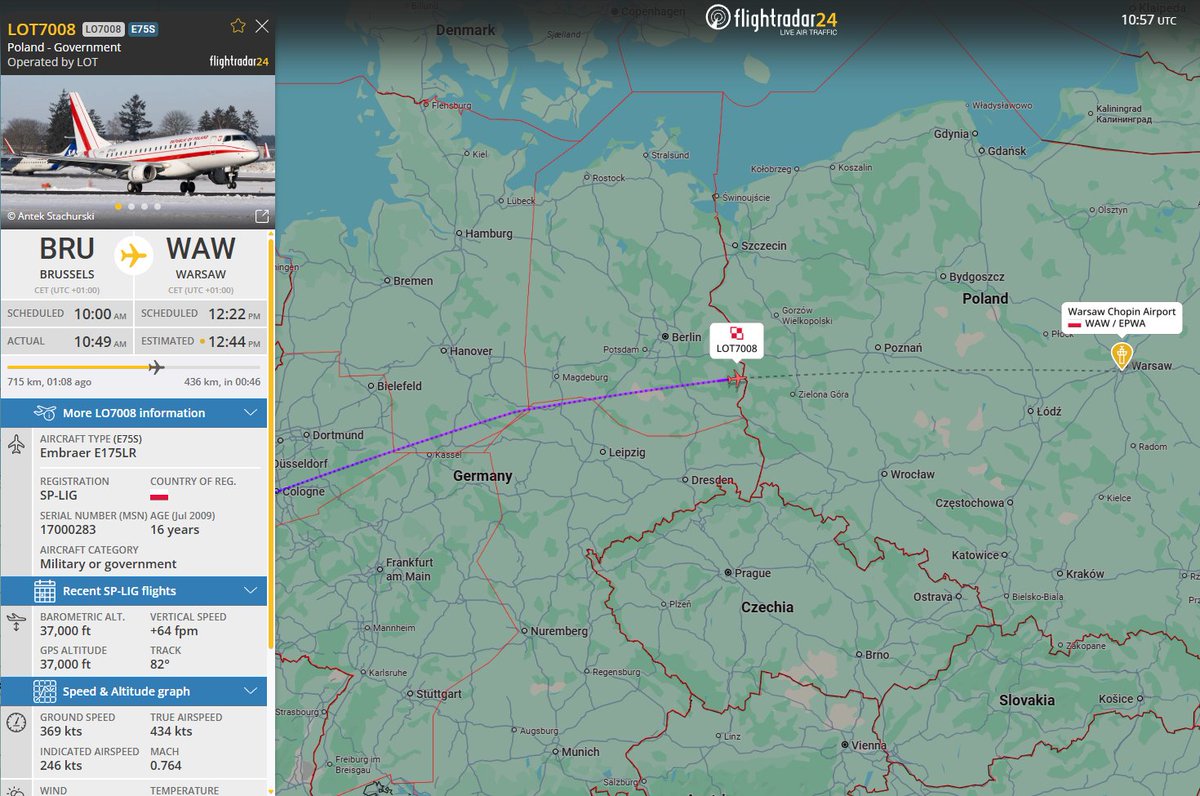 PolishMilRadar's tweet photo. 📅 20.03 🕘 11:57LT - 🇵🇱✈️ "Rządowy" E175 wraca z Brukseli
🇵🇱 PLL LOT (na zlecenie Kancelarii Prezesa Rady Ministrów)
✈️ Embraer E175LR | Reg: "SP-LIG"
🛫 Port Lotniczy Bruksela #EBBR | Belgia 🇧🇪
🛬 Port Lotniczy Warszawa #EPWA 🇵🇱
#LOT7008 leci na FL370 (11 278 metrów)
🔗 https://t.co/YazYfleDy6
#POLMILRADAR