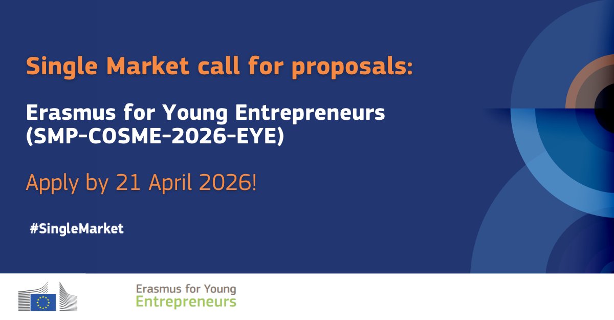 EU_EISMEA's tweet image. 🏢 Does your organisation provide business support?

The Erasmus for Young Entrepreneurs (EYE) call for proposals aims to select Intermediary Organisations (IOs) to implement the #EYE programme at local level.

Learn more &amp;amp; apply by 21 April 2026⤵️
link.europa.eu/pF8Hn8