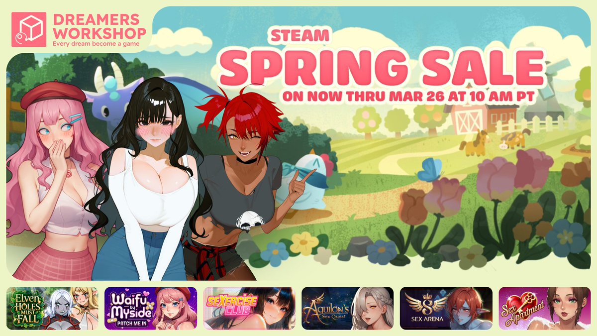DreamersWstd's tweet photo. 🔥 Spring Sale
Prices are down. Everything else is heating up.
Perfect time to jump in!
👉 See everything here: https://t.co/ppGY5TzKHx
#indiegame #adultgame #nsfw #hentai #gamedev https://t.co/zaxiPYJ0Tv
