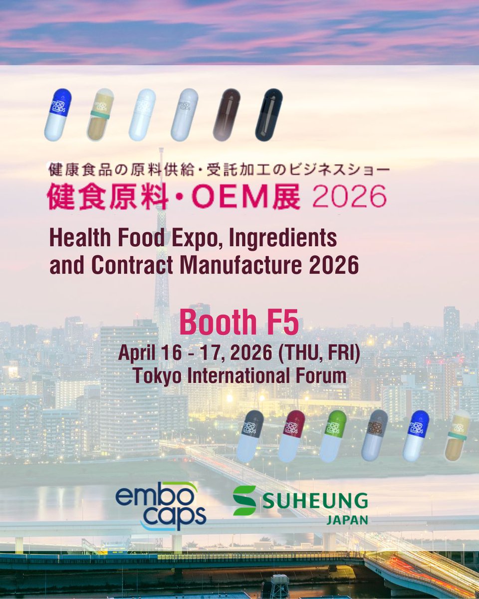 EMBOCAPStweet's tweet photo. EMBOCAPS® will be participating in Health Food Expo – Ingredients &amp; Contract Manufacture 2026, taking place April 16–17 at Tokyo International Forum, Japan.
If you’re attending the exhibition, come visit us at Booth F5 and discover how https://t.co/7GJlspPlLA