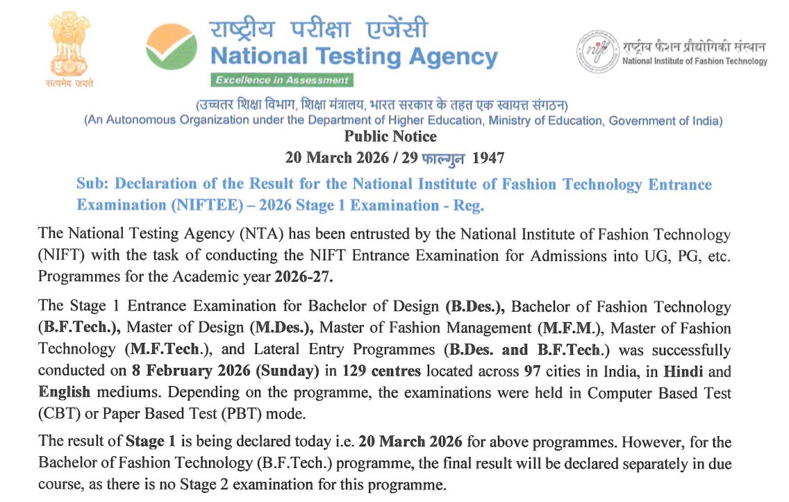 srofficial2012's tweet image. NTA NIFTEE Entrance Exam Result Declared
#SarkariResult #NTA 
Click to Check : 
sarkariresult.com/2026/nta-nift-…