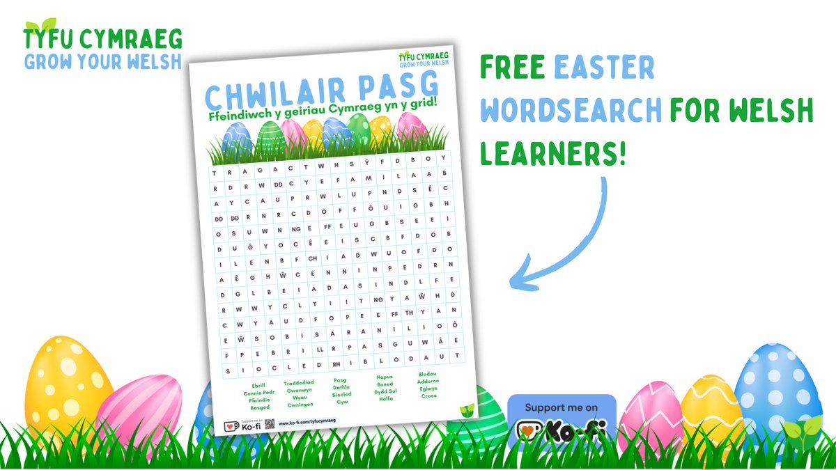 TCymraeg's tweet photo. Getting ready for Easter? Download my free chwilair wordsearch for Welsh learners! Head to Ko-Fi for loads of free resources to help you dysgu Cymraeg. 🐣🪺🥚 https://t.co/S920Cv8Xqz #dysgucymraeg #learnwelsh #welsh #cymraeg https://t.co/aZGYZI46Ox