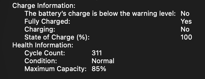 tornike_dev's tweet photo. Reminder: If you use your MacBook at a desk like a PC, keep it plugged in to save your battery - mine has been used every day since Jan 2022. https://t.co/43ik4bFdf7