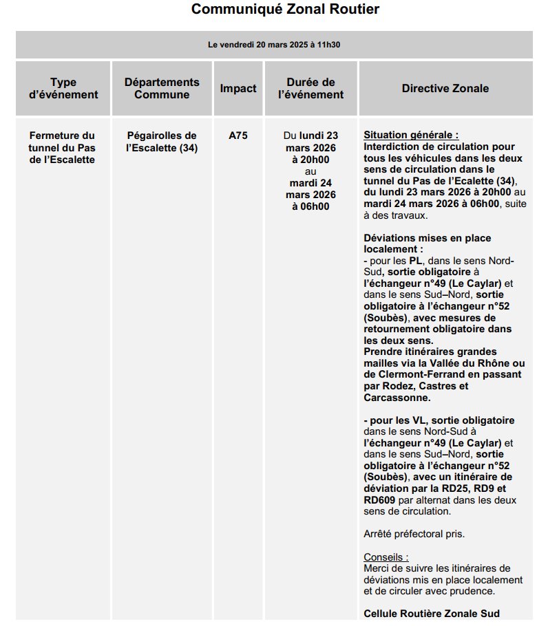 cezocsud's tweet photo. Communiqué zonal routier - fermeture du tunnel du Pas de l'Escalette (dépt 34) pour travaux du lundi 23 mars 2026 à 20h00 au mardi 24 mars 2026 à 06h00. https://t.co/Ufh9V39FOp