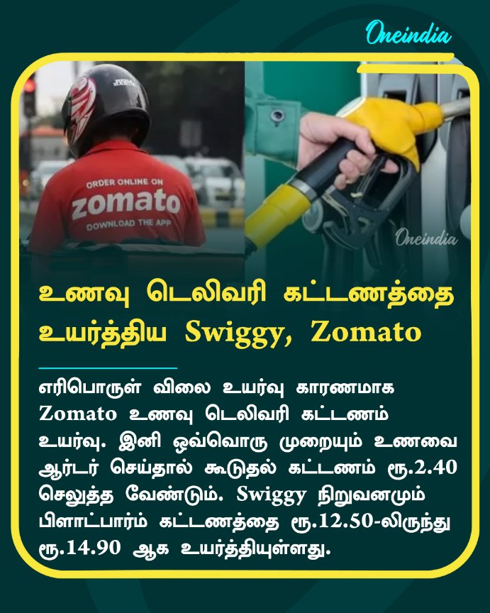 thatsTamil's tweet photo. Zomato: எரிபொருள் விலை உயர்வு! ஜொமாட்டோ உணவு டெலிவரி கட்டணமும் உயர்ந்தது! ஸ்விக்கி?
More Details: https://t.co/vGejIdx4qW
#Zomato #Swiggy #DeliveryApps #FuelPriceHike #BizTalk #Oneindia #OITamil https://t.co/jyektpJtgP