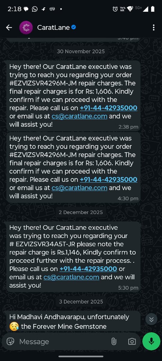 LawrenceSt2360's tweet photo. @CaratLane On top of the this, the repair cost increased by 400%. It was earlier estimated at 1066 but now it’s increased. How do I know that you’re giving the correct repair estimate. Earlier you wanted to do a partial repair and send it back? https://t.co/9qAqF50y0x