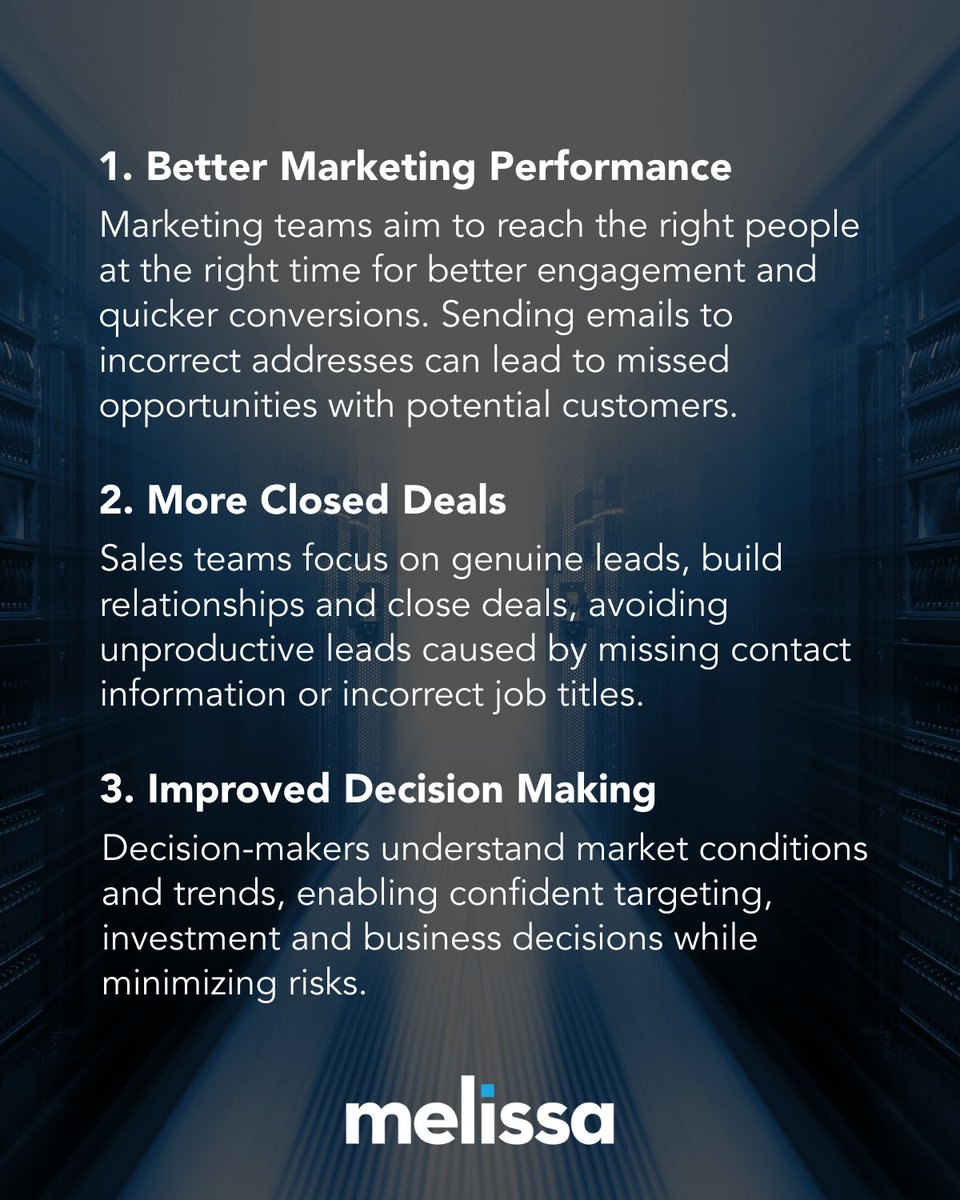 MelissaInfmatcs's tweet photo. 📥 Low response rates &amp; poor email deliverability often stem from dirty data. 

📩 Learn how B2B data cleansing enhances data quality and campaign performance in this @techday article by APAC Sales Director Edmund Ng:
https://t.co/UhjClMYuFP https://t.co/8K9WdHFI7c