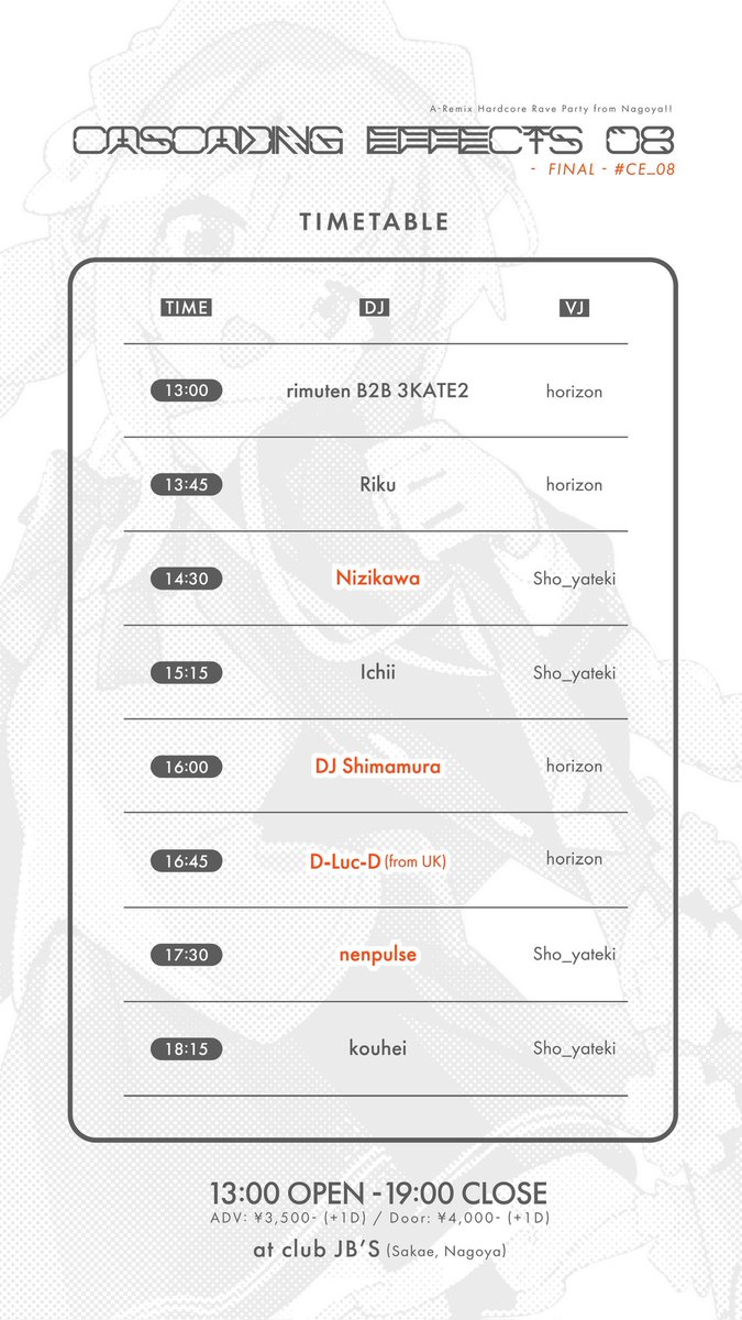 C_Effects_Info's tweet photo. 【 ⚠️TT公開！⚠️ 】

📣Cascading Effects 08 -Final-📣#CE_08

📅: 2026/03/21(Sat) 13:00 OPEN
📍: 名古屋 栄 club JB'S @clubjbs 

Guest DJ
✅ DJ Shimamura (@djshimamura )
✅ Nizikawa (@nizikawa ) 
✅ D-Luc-D from UK🇬🇧 (@DJdLucD )
✅ nenpulse (@nenpulse )

🎫: https://t.co/sebeTFRrMA https://t.co/4YNbBCKrPb