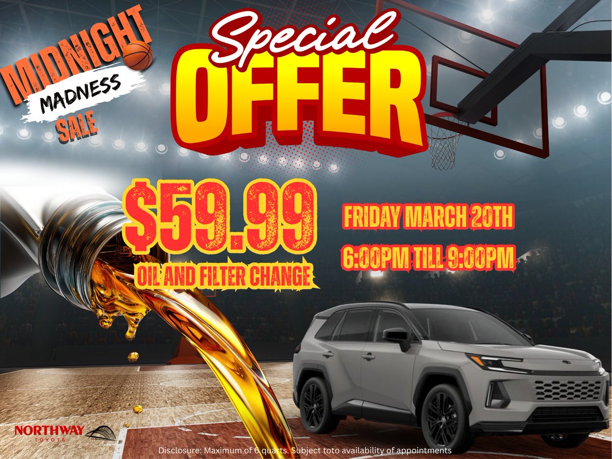 NrthwayToyota's tweet image. Tonight’s the night. Northway Toyota Midnight Madness runs from 6 to 9 PM with a $59.99 oil and filter change. Don’t miss it.

#toyota #specialoffer #oilchange #latham #ny